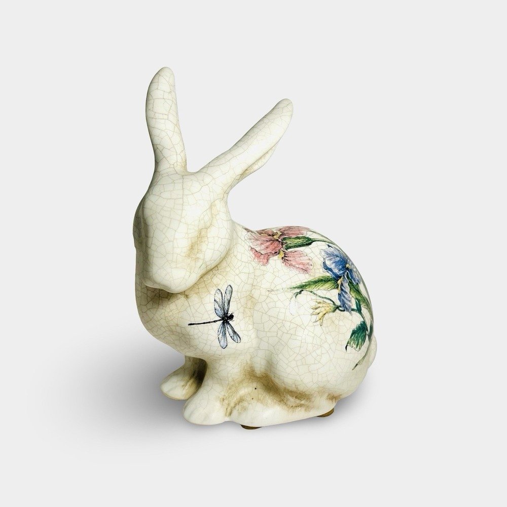 Vintage Easter Bunny Rabbit Floral 8in Ceramic Figurine Spring Dragonfly Iris